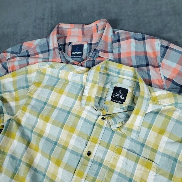 Prana Plaid Shirt Lot Of 2 Mens 2XL XXL Short Sleeve Button Up Hiking Outdoor - Picture 1 of 12